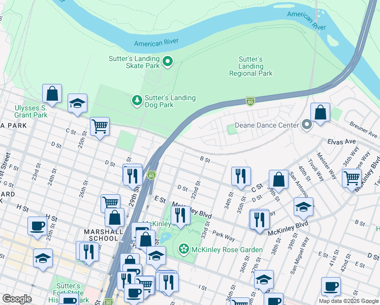 map of restaurants, bars, coffee shops, grocery stores, and more near 3107 B Street in Sacramento