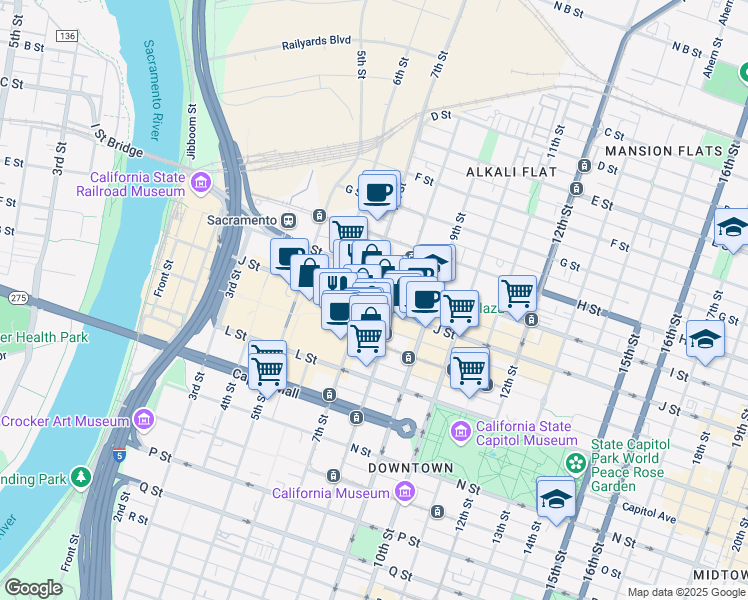 map of restaurants, bars, coffee shops, grocery stores, and more near 707 J St in Sacramento