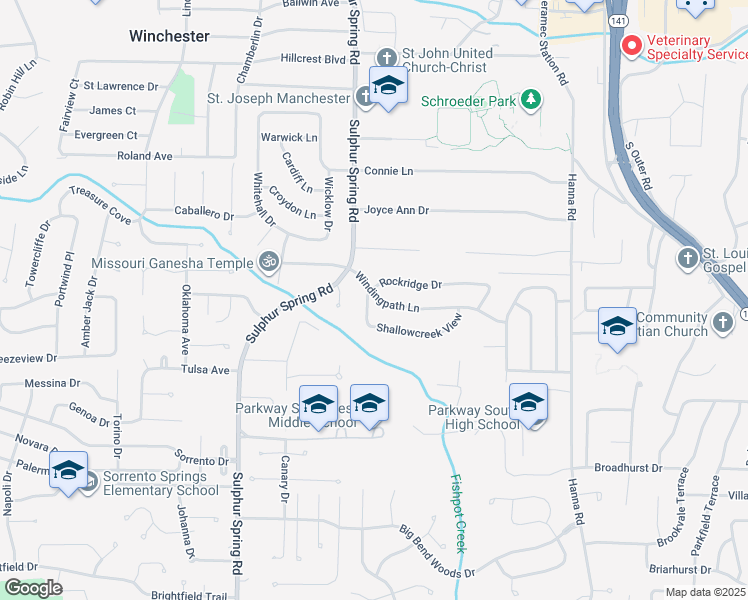 map of restaurants, bars, coffee shops, grocery stores, and more near 706 Winding Path Lane in Ballwin