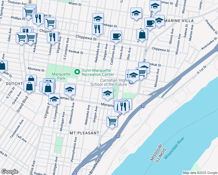 map of restaurants, bars, coffee shops, grocery stores, and more near 4056 California Avenue in St. Louis