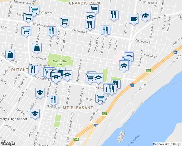 map of restaurants, bars, coffee shops, grocery stores, and more near 2833 Gasconade St in St Louis