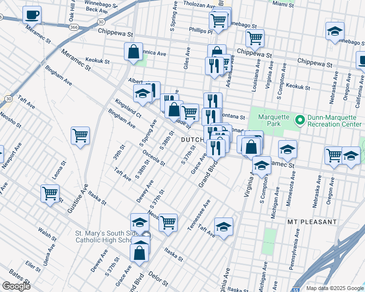 map of restaurants, bars, coffee shops, grocery stores, and more near 4226 Dewey Avenue in St. Louis