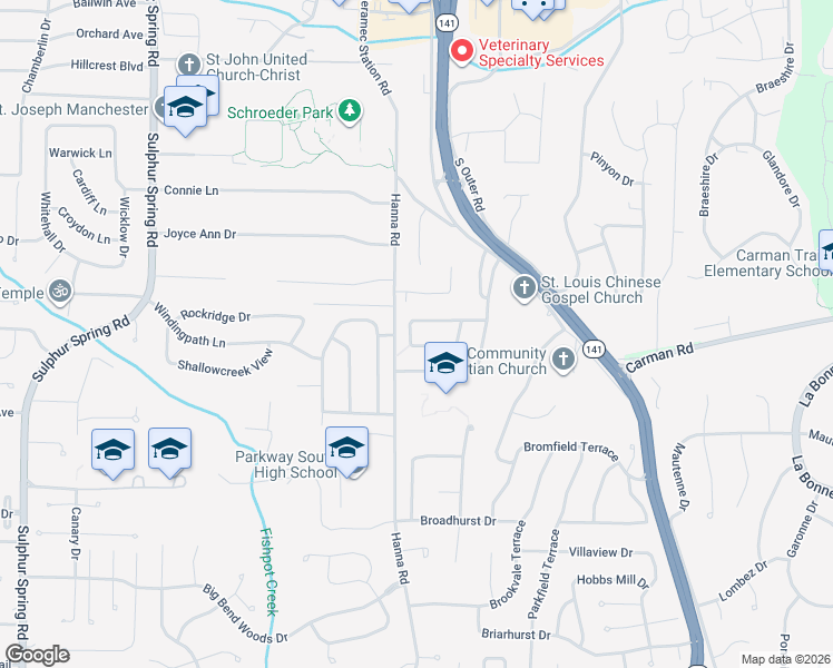 map of restaurants, bars, coffee shops, grocery stores, and more near 567 Bridgebend Road in Ballwin