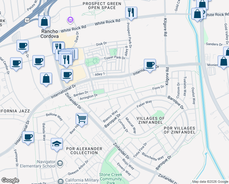 map of restaurants, bars, coffee shops, grocery stores, and more near 10916 Arrington Drive in Rancho Cordova