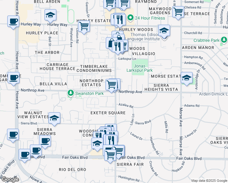 map of restaurants, bars, coffee shops, grocery stores, and more near in Arden-Arcade