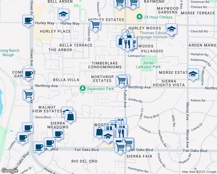 map of restaurants, bars, coffee shops, grocery stores, and more near 2492 Northrop Avenue in Sacramento