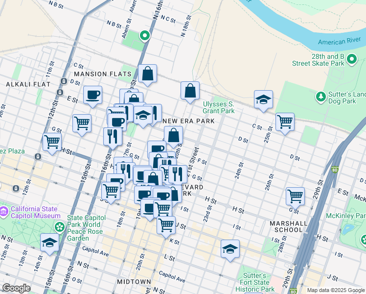 map of restaurants, bars, coffee shops, grocery stores, and more near 517 20th Street in Sacramento