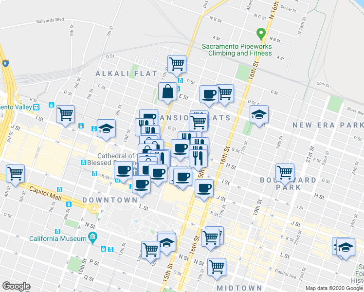 map of restaurants, bars, coffee shops, grocery stores, and more near 1301 H Street in Sacramento