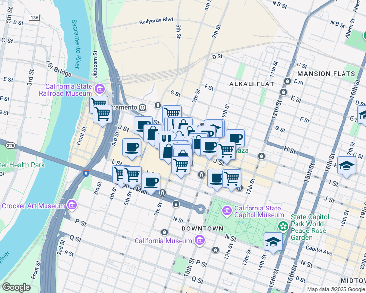 map of restaurants, bars, coffee shops, grocery stores, and more near 707 J Street in Sacramento