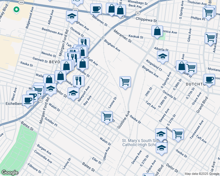 map of restaurants, bars, coffee shops, grocery stores, and more near 3990 Steffens Avenue in St. Louis