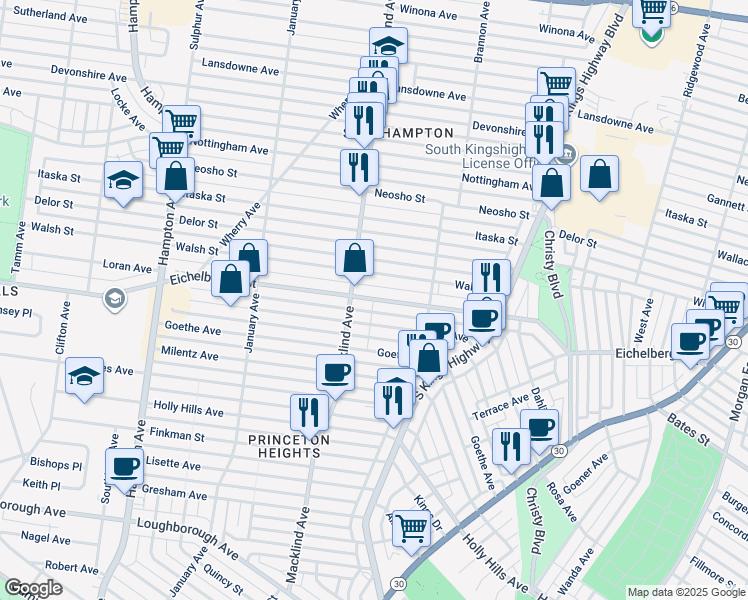 map of restaurants, bars, coffee shops, grocery stores, and more near 5147 Eichelberger Street in St. Louis