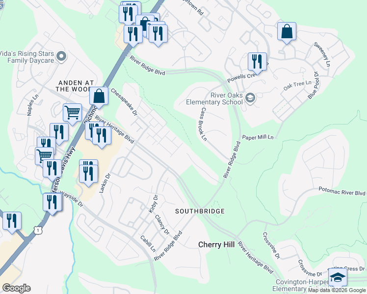map of restaurants, bars, coffee shops, grocery stores, and more near 17017 Gibson Mill Road in Dumfries