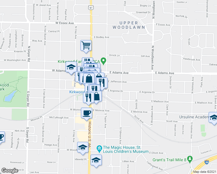 map of restaurants, bars, coffee shops, grocery stores, and more near 108 North Taylor Avenue in Kirkwood