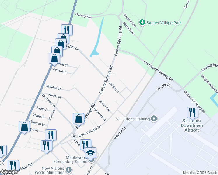 map of restaurants, bars, coffee shops, grocery stores, and more near 210 Judith Lane in Cahokia