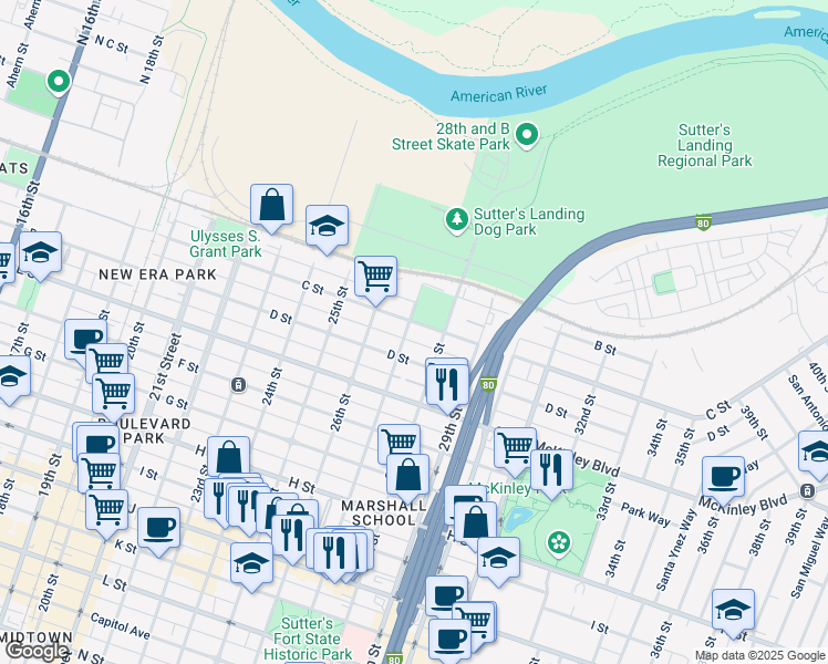 map of restaurants, bars, coffee shops, grocery stores, and more near 307 27th Street in Sacramento