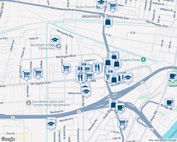 map of restaurants, bars, coffee shops, grocery stores, and more near 1621 Madrone Ave in West Sacramento