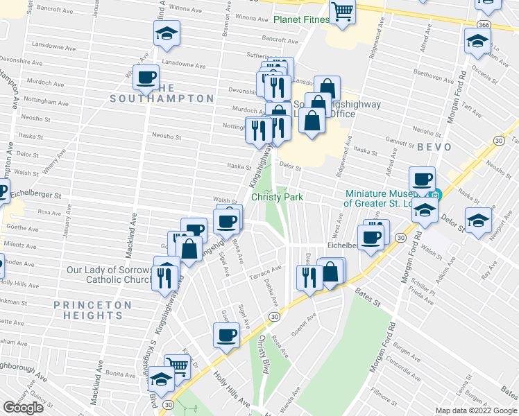 map of restaurants, bars, coffee shops, grocery stores, and more near 5215 Windsor Parkway in St. Louis