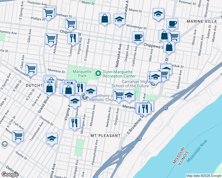 map of restaurants, bars, coffee shops, grocery stores, and more near 4101 Nebraska Avenue in St. Louis