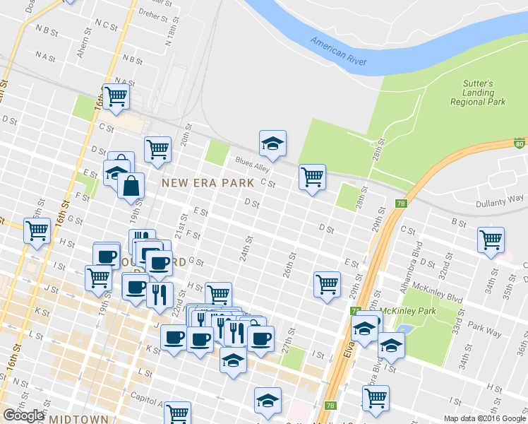 map of restaurants, bars, coffee shops, grocery stores, and more near 2404 D St in Sacramento