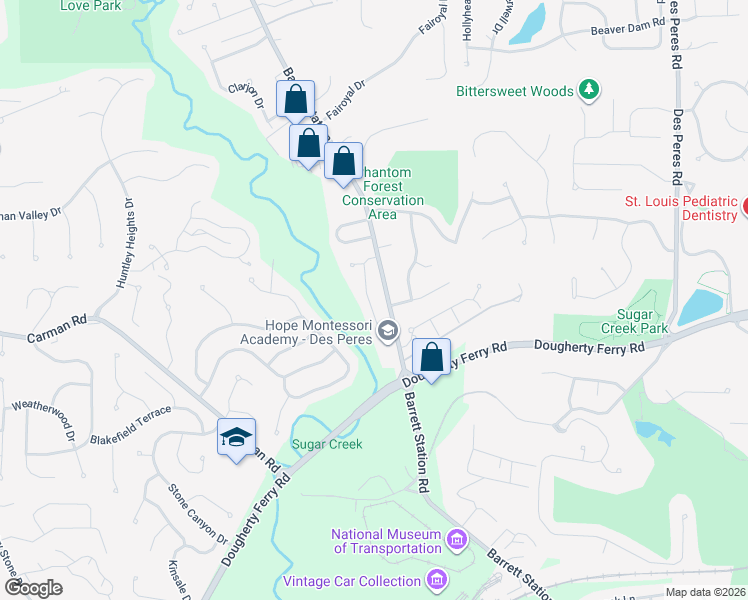 map of restaurants, bars, coffee shops, grocery stores, and more near 2538 Barrett Springs Drive in Ballwin