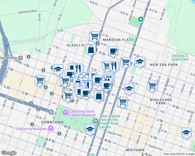map of restaurants, bars, coffee shops, grocery stores, and more near 1301 H Street in Sacramento