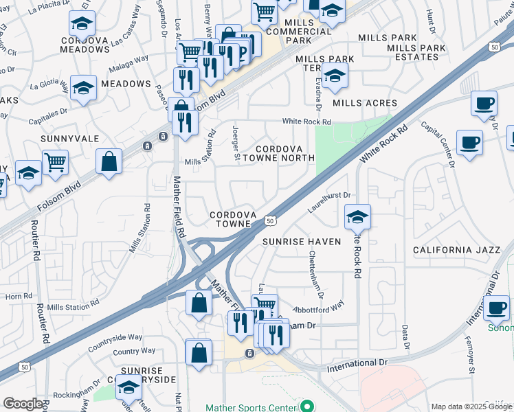 map of restaurants, bars, coffee shops, grocery stores, and more near 3079 Ramsgate Way in Rancho Cordova