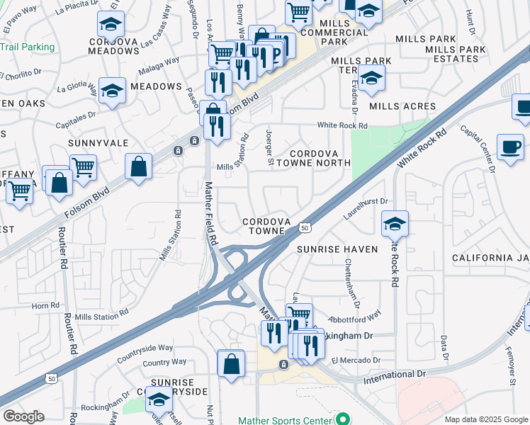 map of restaurants, bars, coffee shops, grocery stores, and more near 3028 Winchester Way in Rancho Cordova