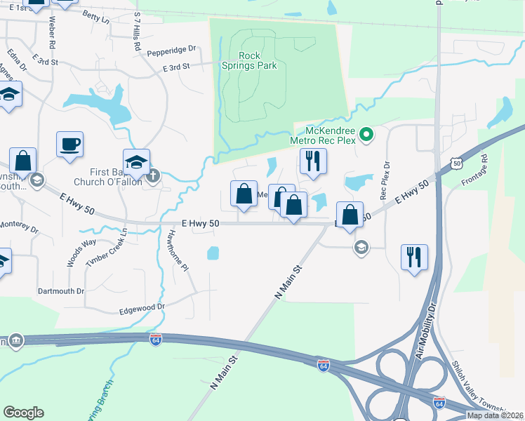 map of restaurants, bars, coffee shops, grocery stores, and more near 1524 Royal Oak Court in O'Fallon