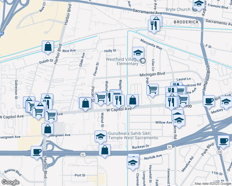 map of restaurants, bars, coffee shops, grocery stores, and more near 701 Cedar Street in West Sacramento