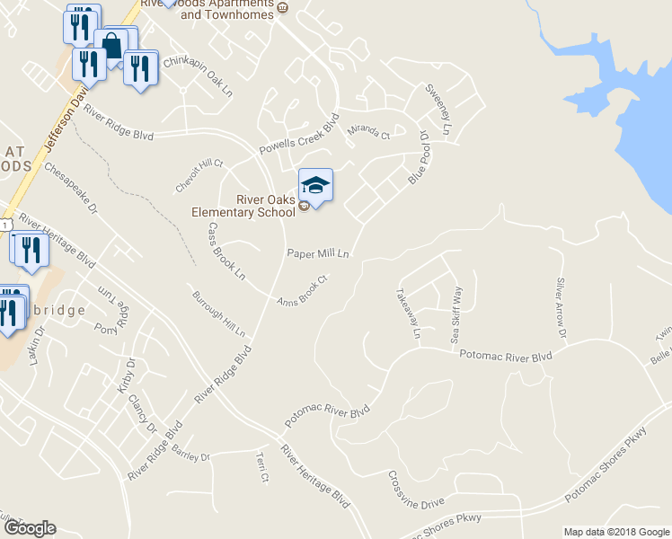 map of restaurants, bars, coffee shops, grocery stores, and more near 17090 Anns Brook Ct in Woodbridge