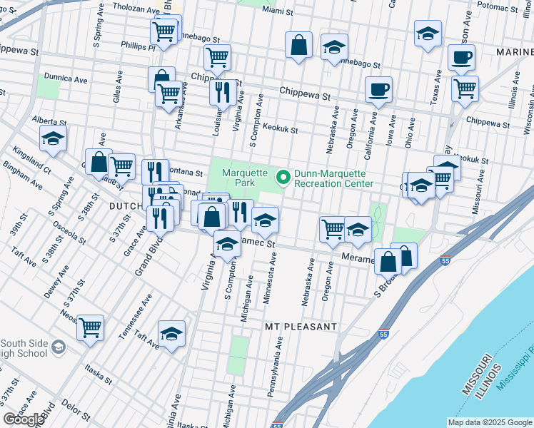 map of restaurants, bars, coffee shops, grocery stores, and more near 4117 Michigan Avenue in St. Louis