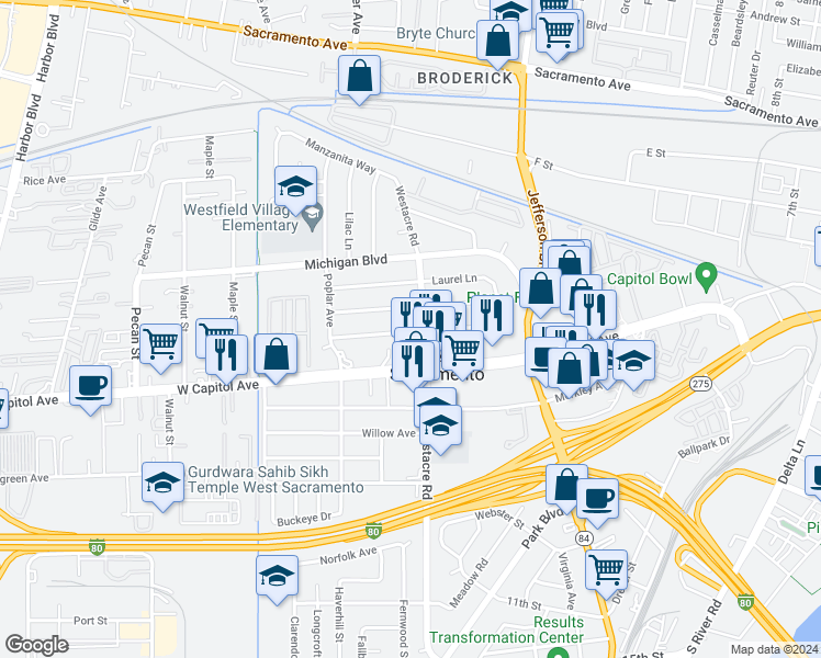 map of restaurants, bars, coffee shops, grocery stores, and more near in West Sacramento
