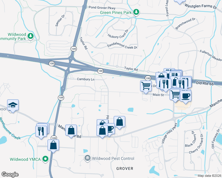 map of restaurants, bars, coffee shops, grocery stores, and more near 16933 Crestview Drive in Wildwood
