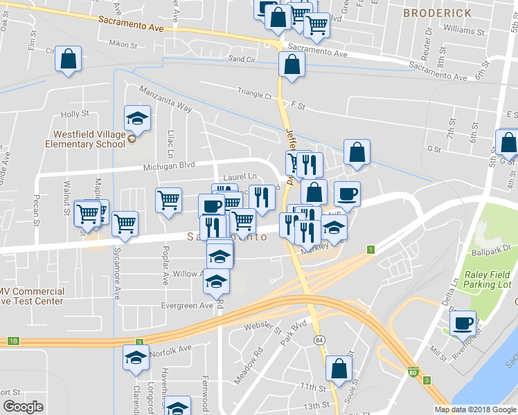 map of restaurants, bars, coffee shops, grocery stores, and more near 1521 Madrone Avenue in West Sacramento