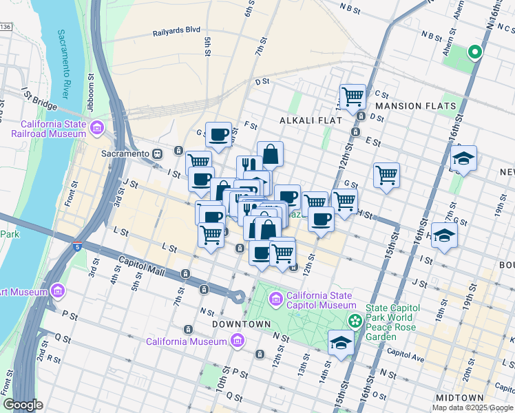 map of restaurants, bars, coffee shops, grocery stores, and more near in Sacramento