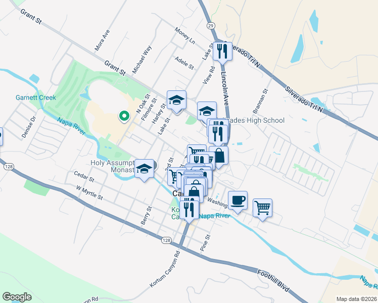 map of restaurants, bars, coffee shops, grocery stores, and more near 1502 Park Street in Calistoga