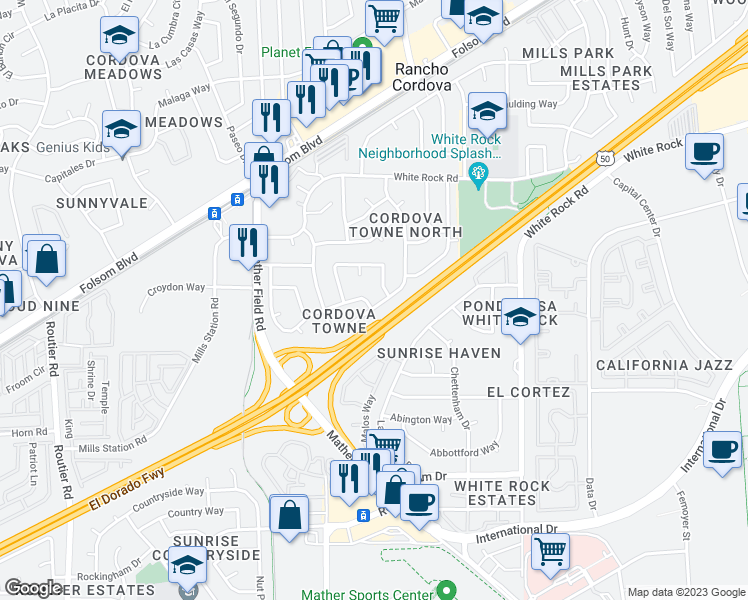 map of restaurants, bars, coffee shops, grocery stores, and more near 3079 Ramsgate Way in Rancho Cordova