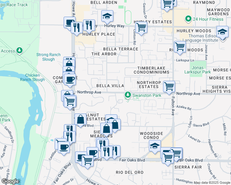 map of restaurants, bars, coffee shops, grocery stores, and more near Northrop Avenue in Sacramento