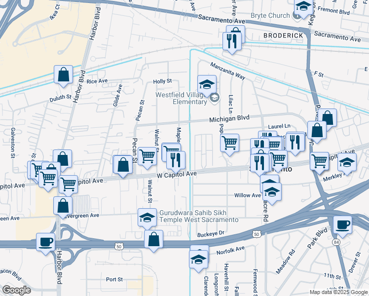 map of restaurants, bars, coffee shops, grocery stores, and more near 701 Maple Street in West Sacramento