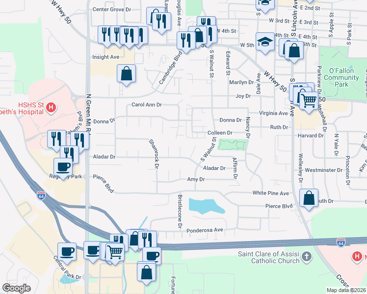 map of restaurants, bars, coffee shops, grocery stores, and more near 1112 Danzig Drive in O'Fallon