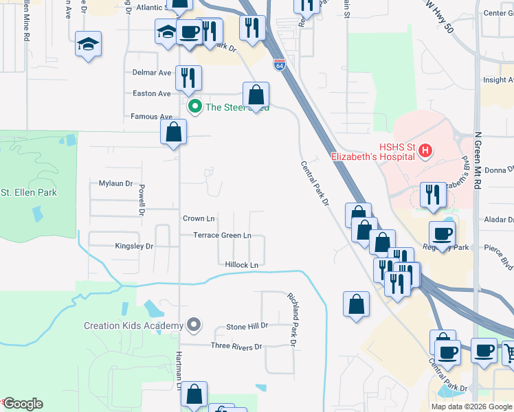 map of restaurants, bars, coffee shops, grocery stores, and more near 757 Forest Green Drive in O'Fallon