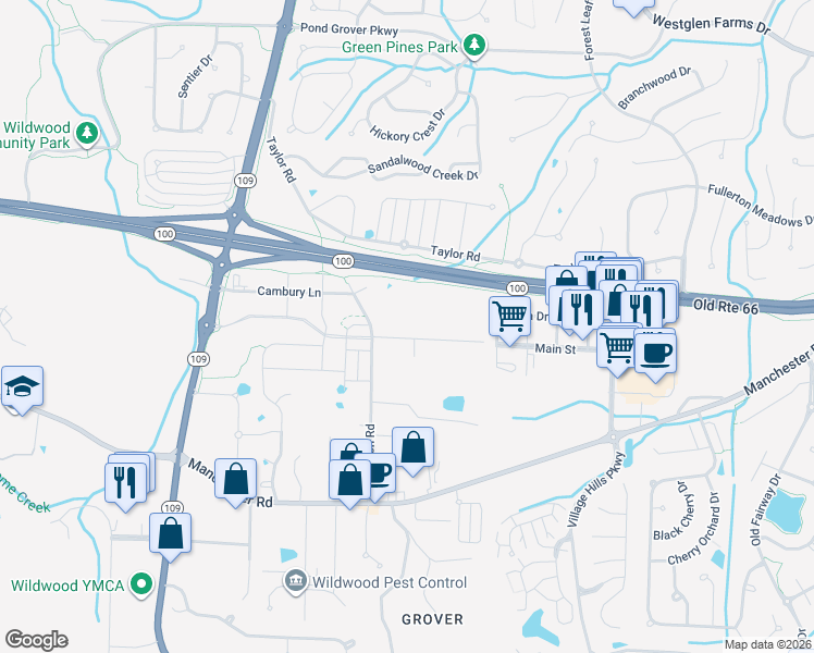 map of restaurants, bars, coffee shops, grocery stores, and more near 16933 Crestview Drive in Wildwood