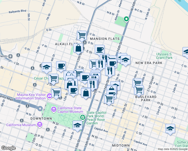 map of restaurants, bars, coffee shops, grocery stores, and more near 711 14th Street in Sacramento