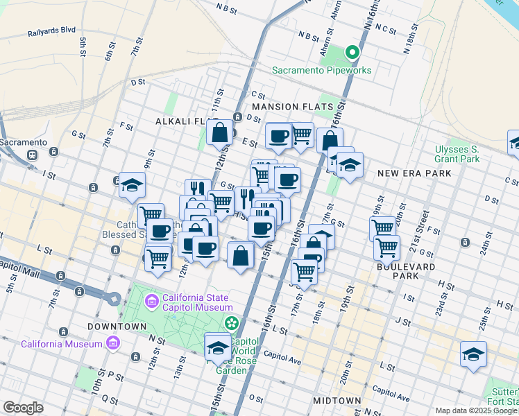 map of restaurants, bars, coffee shops, grocery stores, and more near 711 14th Street in Sacramento