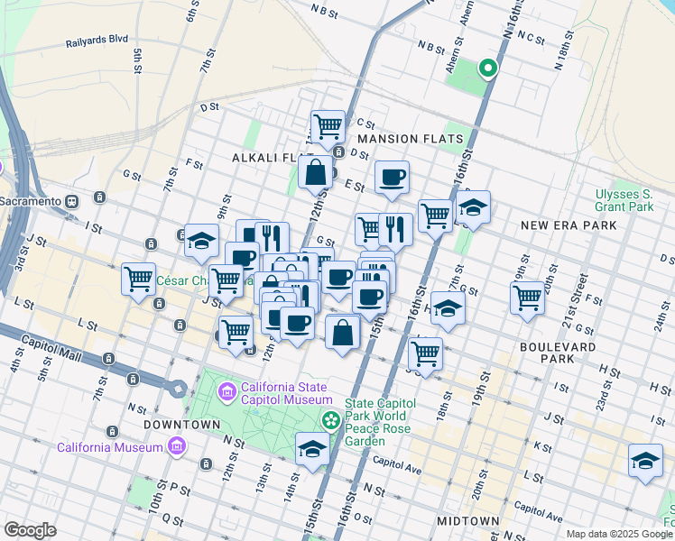 map of restaurants, bars, coffee shops, grocery stores, and more near 1301 H Street in Sacramento