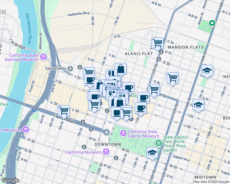 map of restaurants, bars, coffee shops, grocery stores, and more near in Sacramento