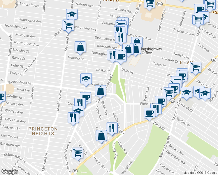 map of restaurants, bars, coffee shops, grocery stores, and more near 5215 Windsor Parkway in St. Louis