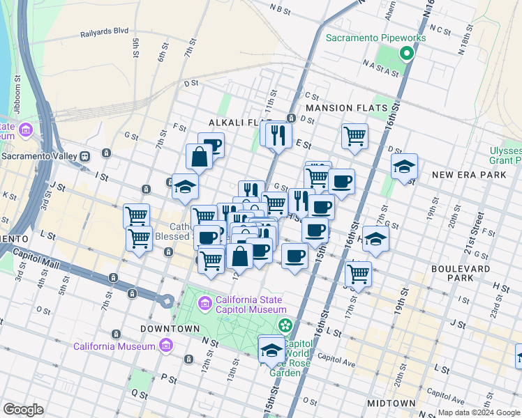 map of restaurants, bars, coffee shops, grocery stores, and more near 801 12th Street in Sacramento