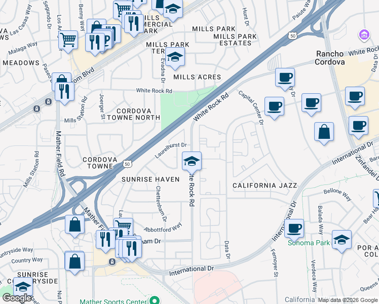 map of restaurants, bars, coffee shops, grocery stores, and more near 10405 South White Rock Road in Rancho Cordova