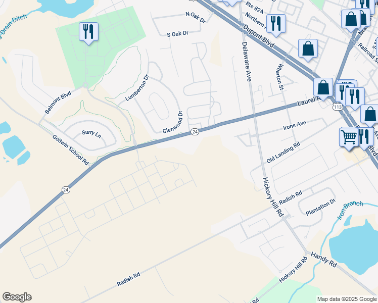 map of restaurants, bars, coffee shops, grocery stores, and more near 29557 Millsboro Highway in Millsboro